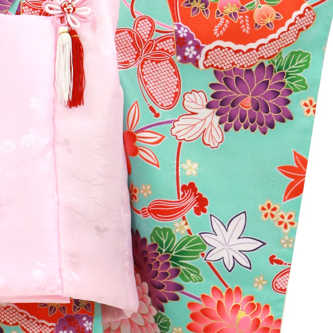 水色地に蝶や扇、ピンクの被布コートセット／七五三・三歳女の子