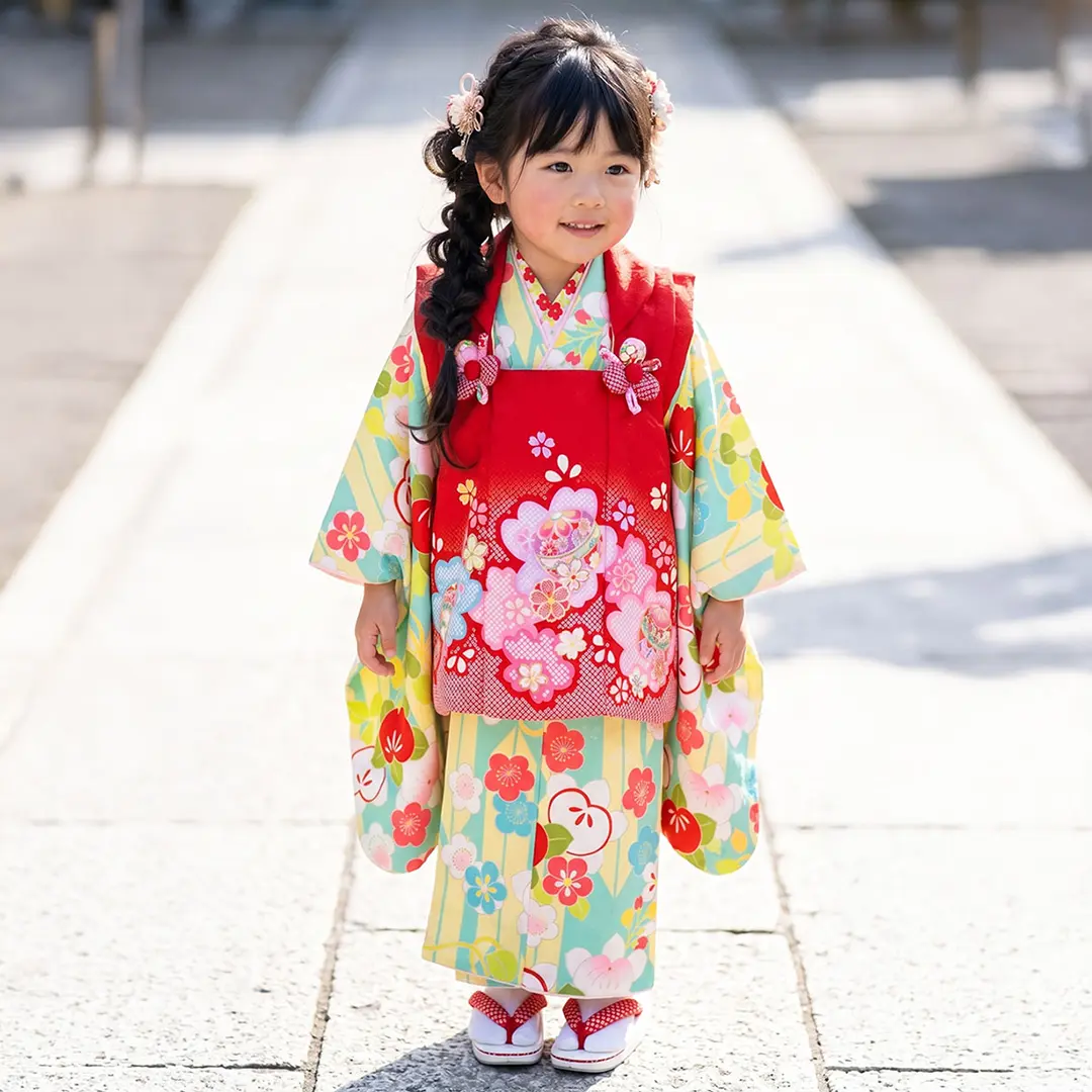 淡ブルー地に矢絣の地に橘、赤の桜の被布コートセット／七五三・三歳女の子／着用イメージ