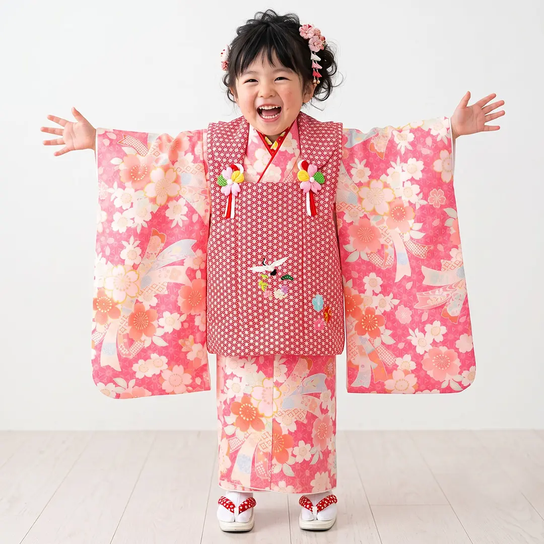 サーモンピンクの桜と束ね熨斗の着物、赤い被布コートセット／七五三・三歳女の子／着用イメージ