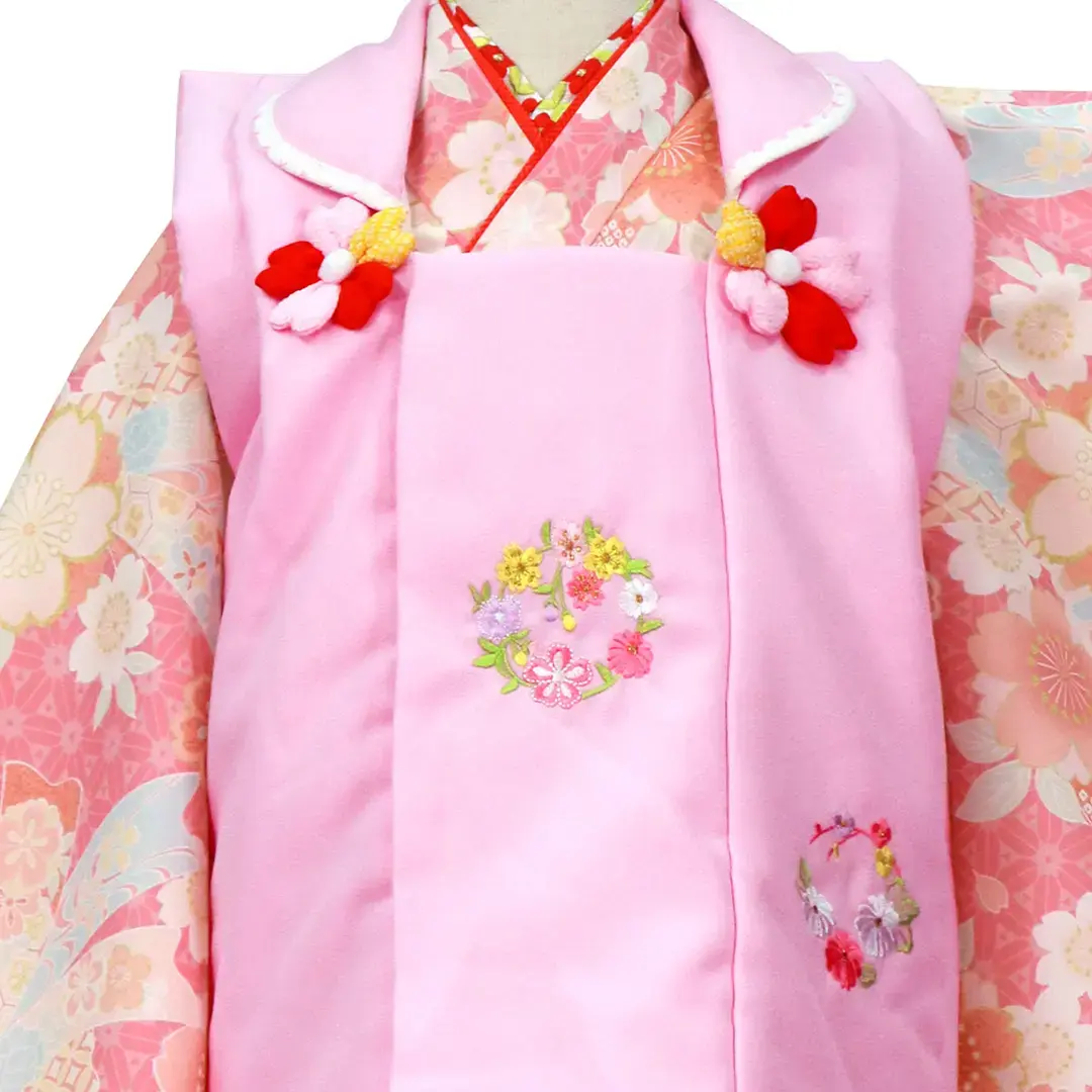 サーモンピンクの桜と束ね熨斗の着物、ピンクの被布コートセット／七五三・三歳女の子／被布詳細