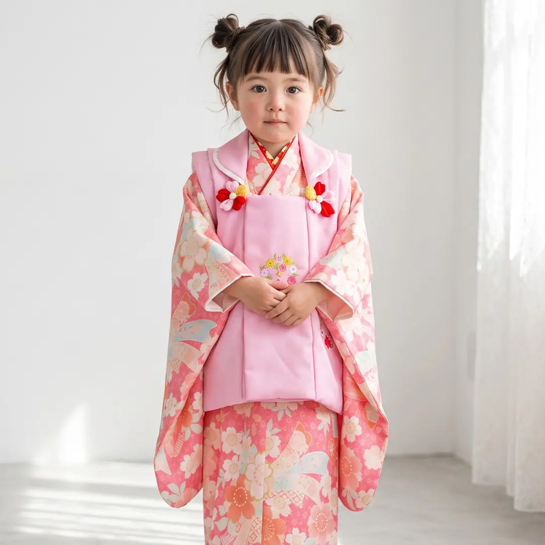 サーモンピンクの桜と束ね熨斗の着物、ピンクの被布コートセット／七五三・三歳女の子／着用イメージ