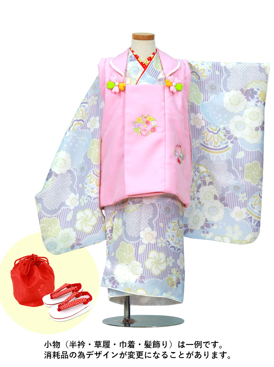 薄紫のストライプに鞠と桜 ピンクの被布コートセット 七五三 三歳女の子 宅配着物レンタルの京都かしきもの