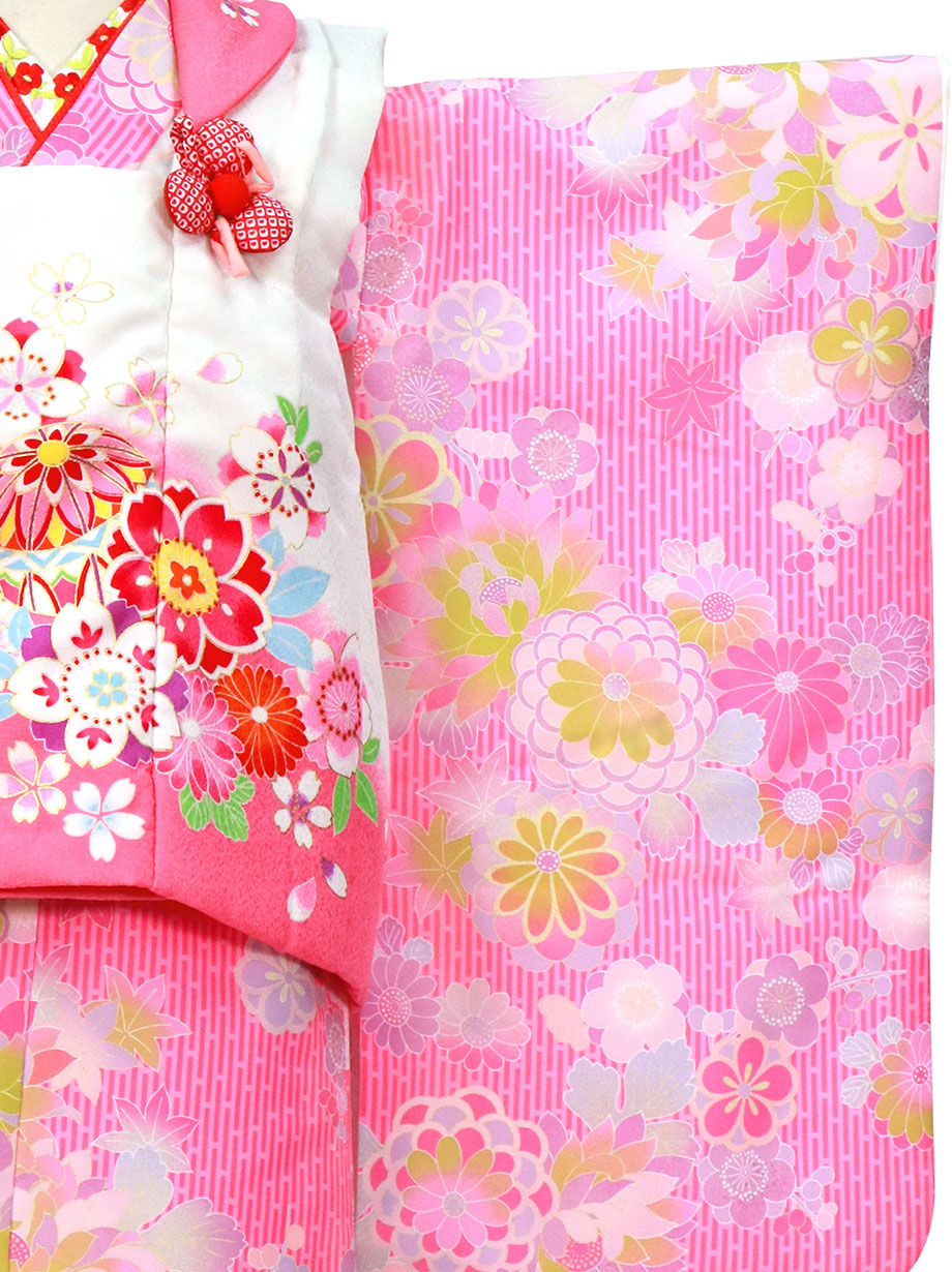 桃色の縞模様に菊や梅の着物、桜と鞠の被布コートセット／七五三・三歳