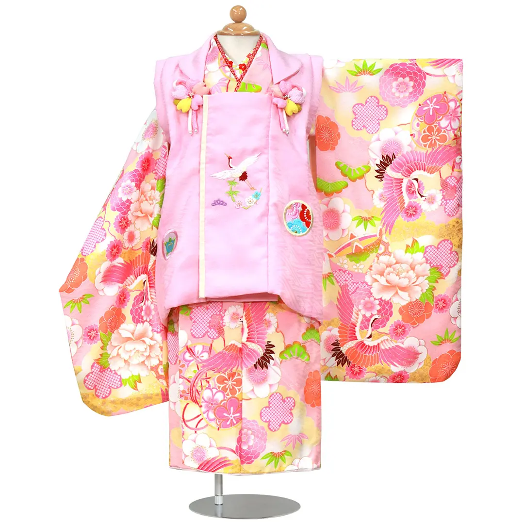 パステルピンクに鶴と毬、ピンクの被布コートセット／七五三・三歳女の子