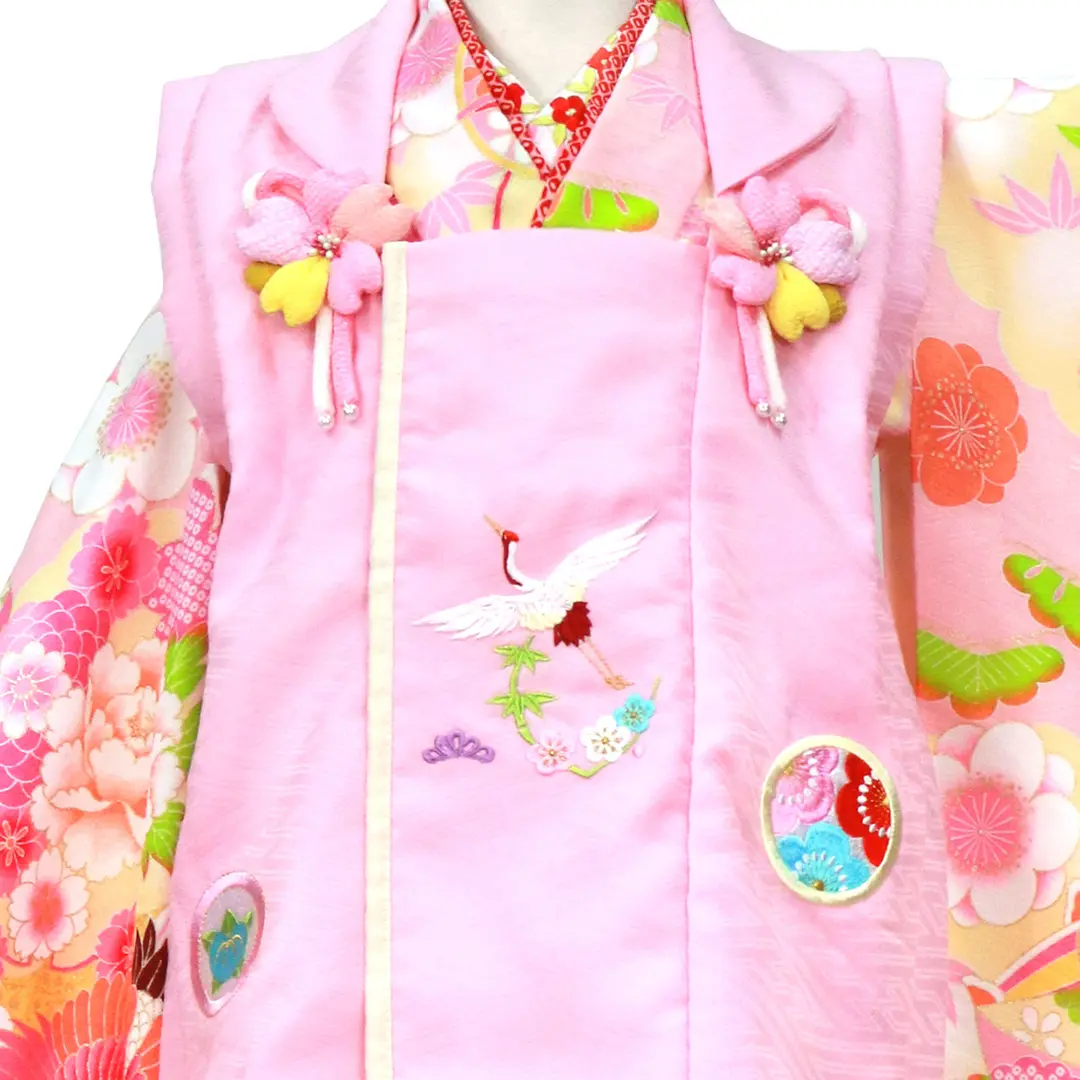 パステルピンクに鶴と毬、ピンクの被布コートセット／七五三・三歳女の子