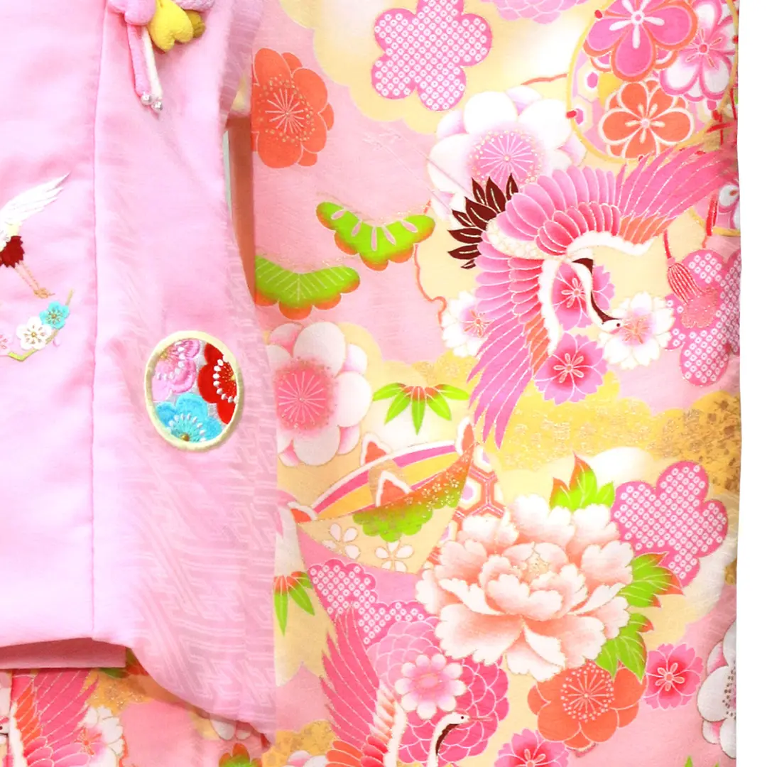 パステルピンクに鶴と毬、ピンクの被布コートセット／七五三・三歳女の子