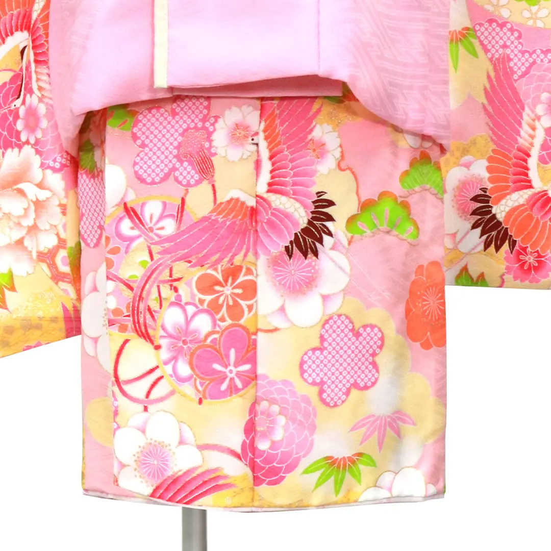 パステルピンクに鶴と毬、ピンクの被布コートセット／七五三・三歳女の子