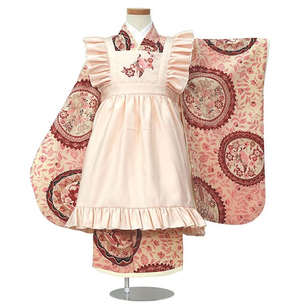 九重》ピンク地に小鳥、洋風の被布コートセット／七五三・三歳