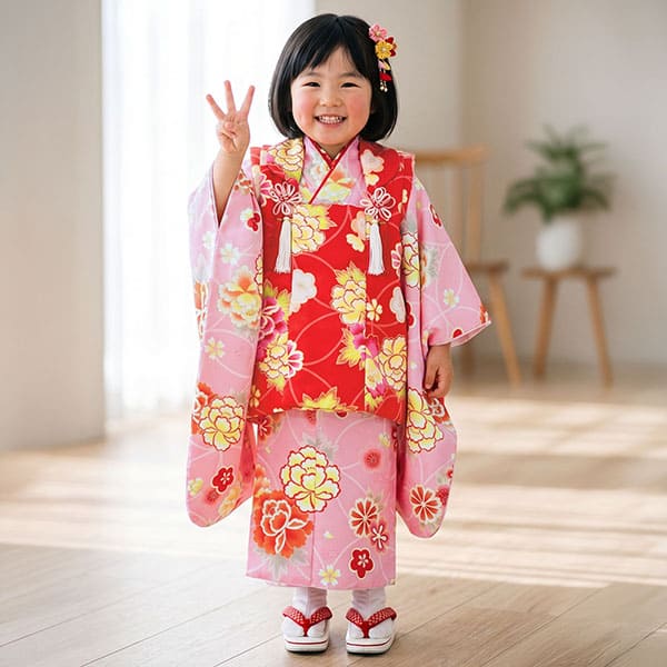 七五三 着物セット 赤とピンク 花柄 正絹 七五三 7歳 着物赤 七五三