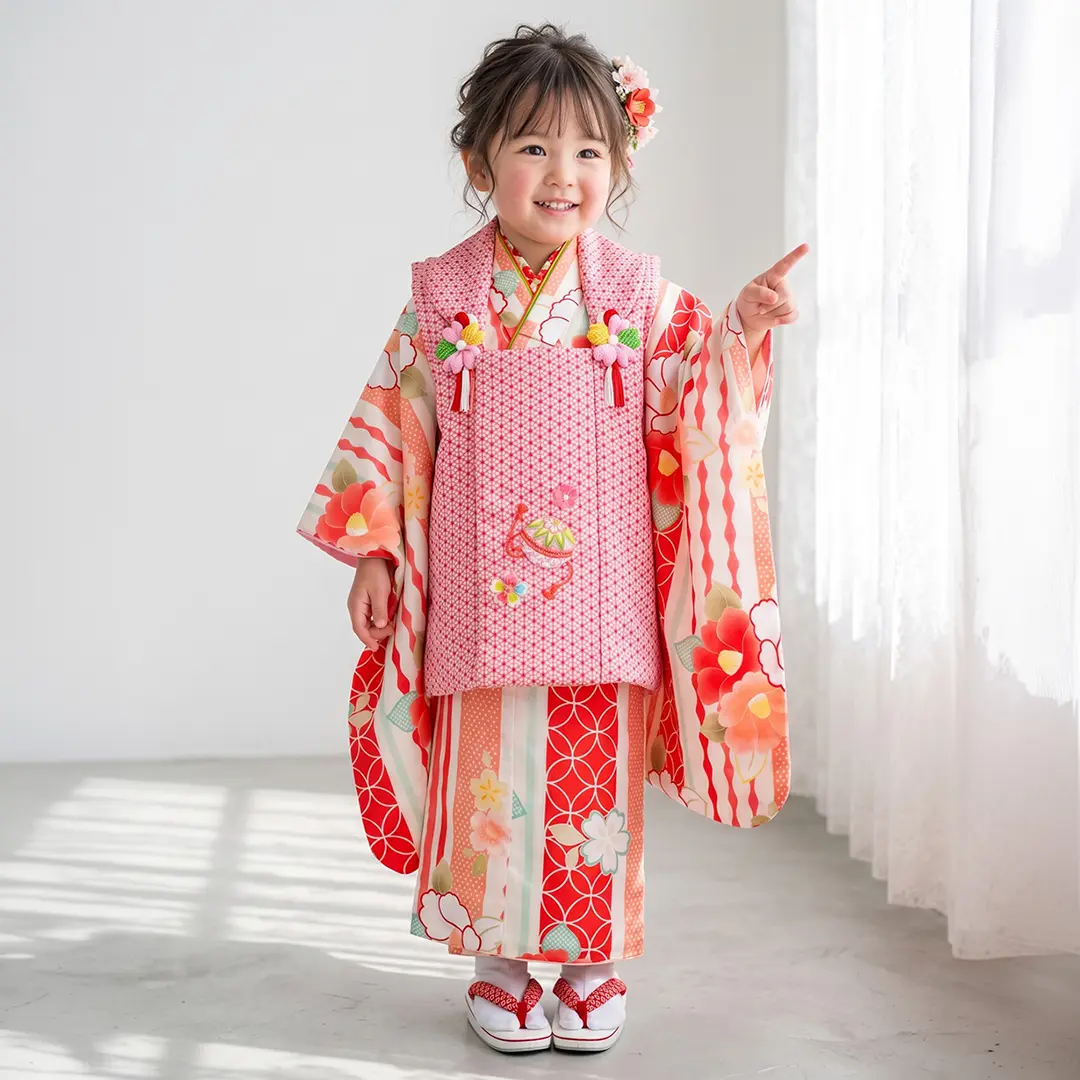 白地に椿とストライプの着物、赤地の麻の葉の被布コートセット／七五三・三歳女の子／着用イメージ