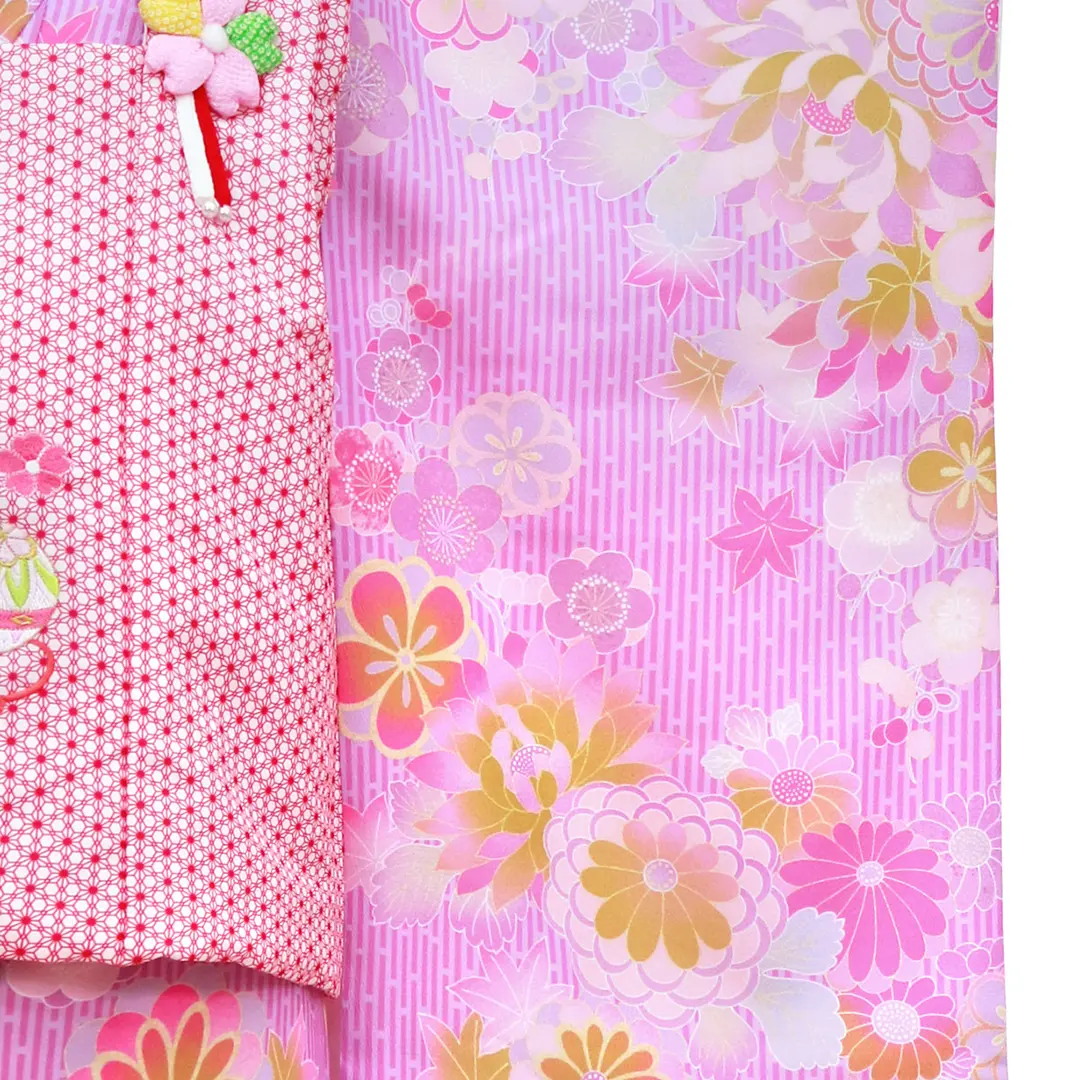紫のストライプに百花の着物、赤地の麻の葉の被布コートセット／七五三・三歳女の子／袖