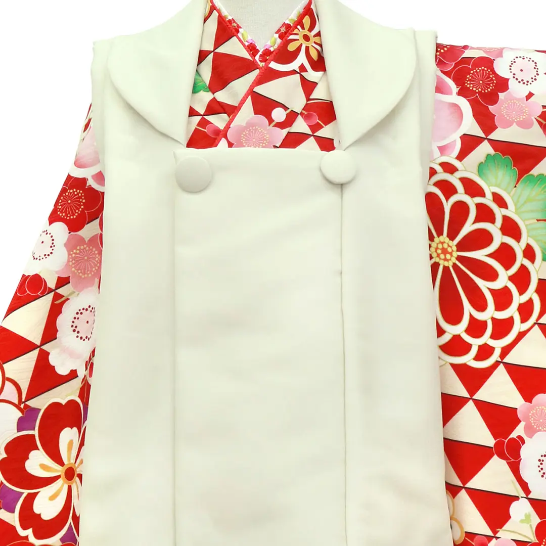 赤の鱗地に大輪の菊、クリームイエローの被布コートセット／七五三・三歳女の子／被布詳細