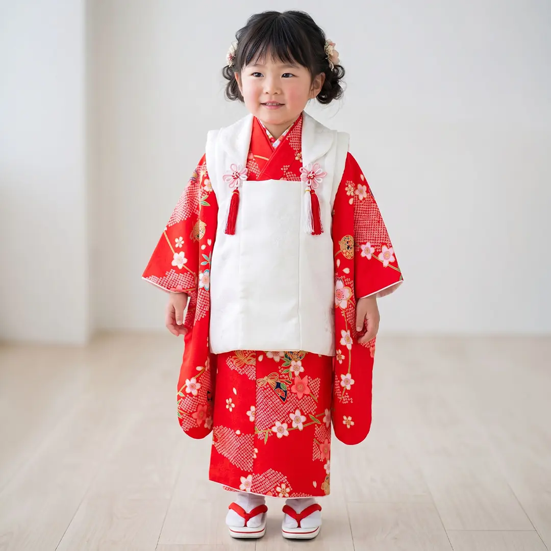 赤地に雲取と枝垂れ桜の着物、白の被布コートセット／七五三・三歳女の子／着用イメージ