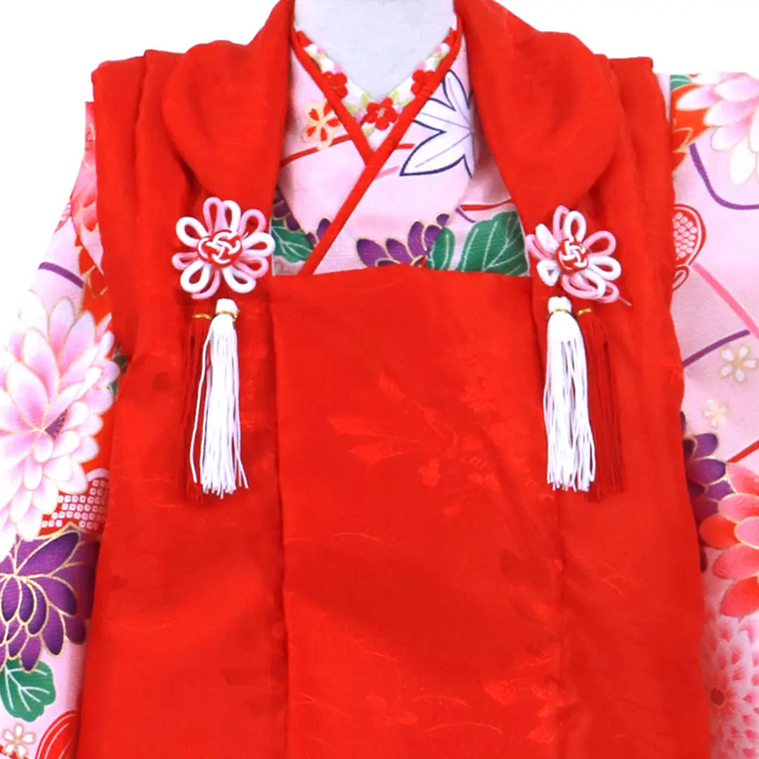 七五三着物レンタル／ピンク地に桜と菊、扇の着物、赤の被布コート