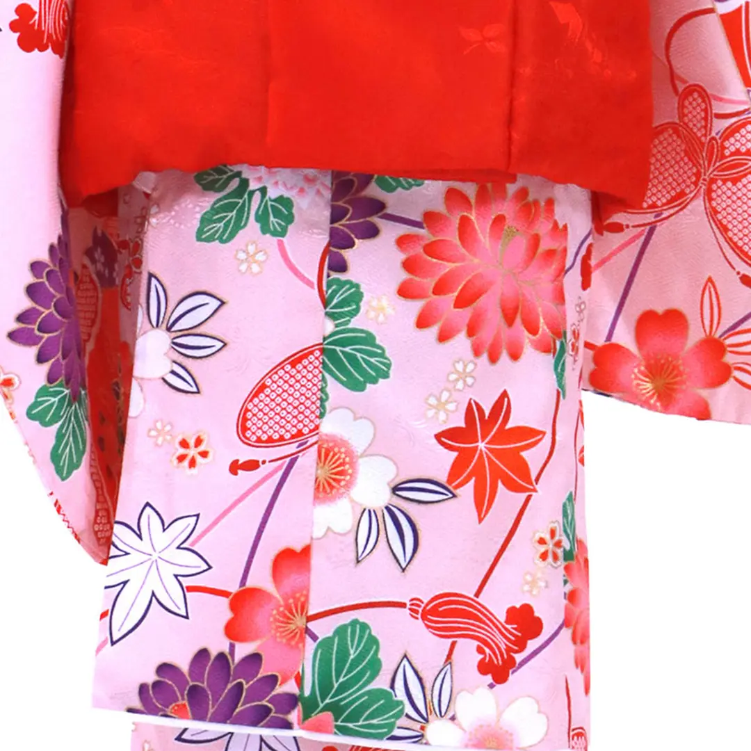 七五三着物レンタル／ピンク地に桜と菊、扇の着物、赤の被布コート