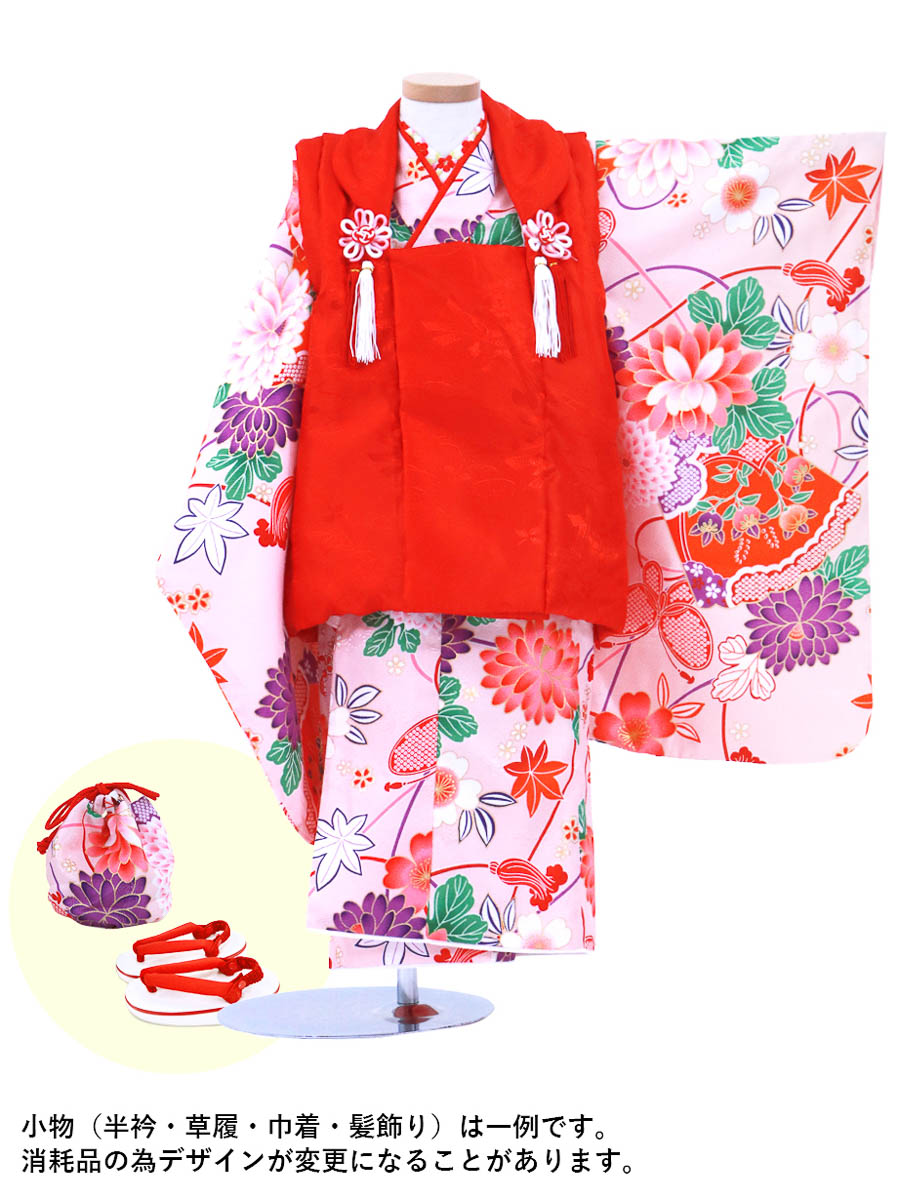 ピンク地に桜と菊、扇の着物、赤の被布コートセット／七五三・三歳女の子*