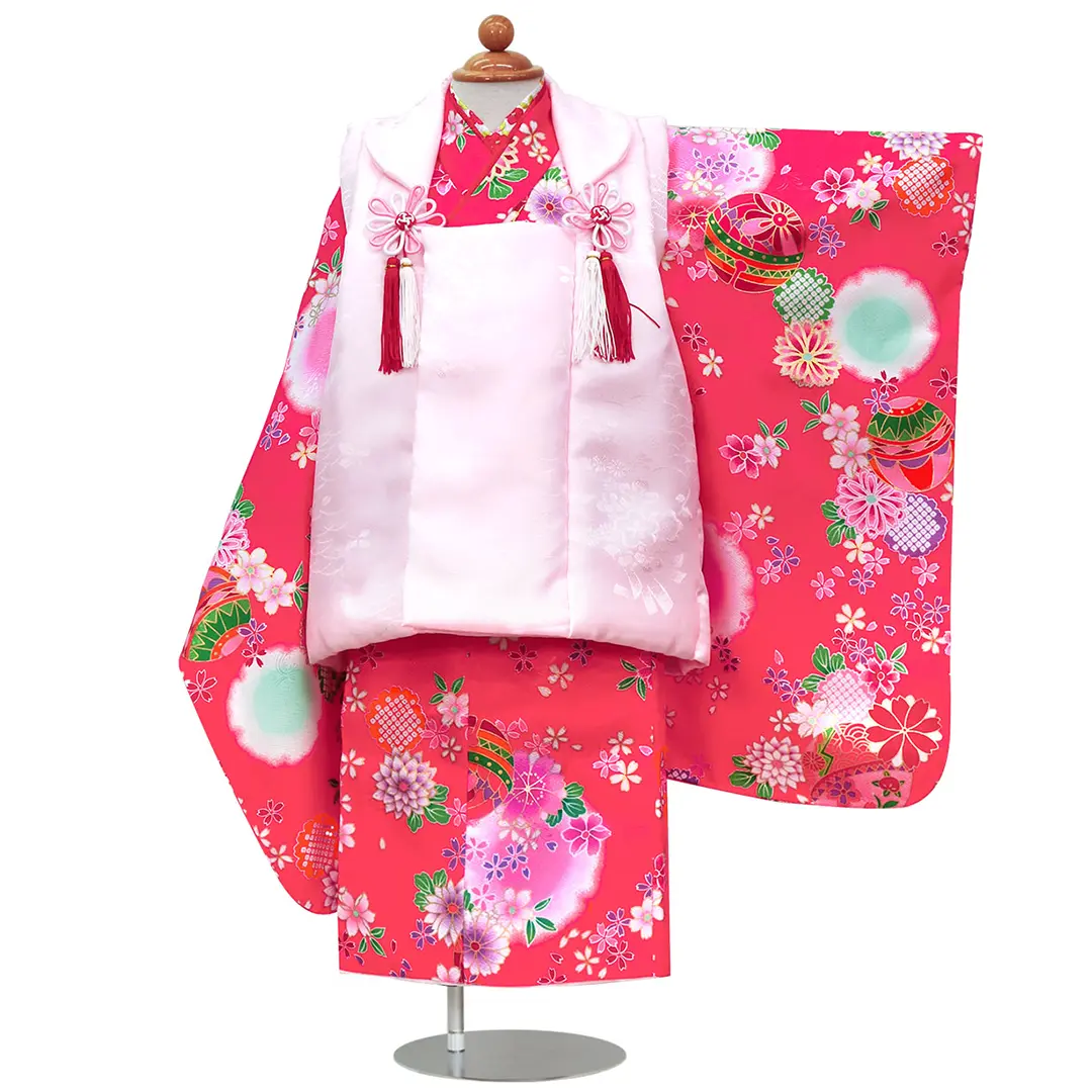 赤地に鈴と菊の着物、被布コートセット／七五三・三歳女の子 | 宅配