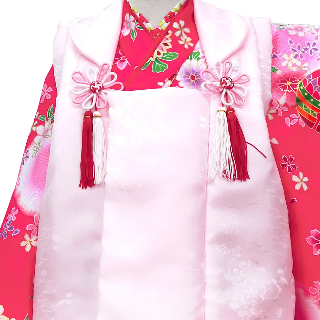 赤地に鈴と菊の着物、被布コートセット／七五三・三歳女の子／被布詳細