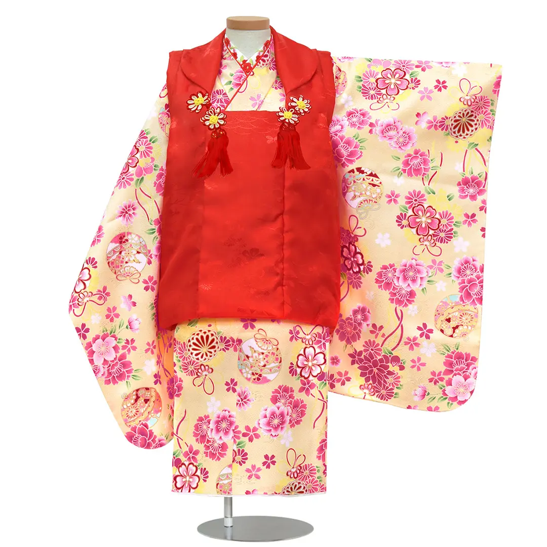 七五三着物レンタル／ピンク地に橘と花尽くしの赤の被布コートセット