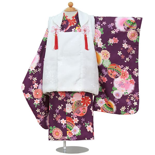 濃い紫に鞠と桜の着物、白無地の被布コートセット／七五三・三歳女の子
