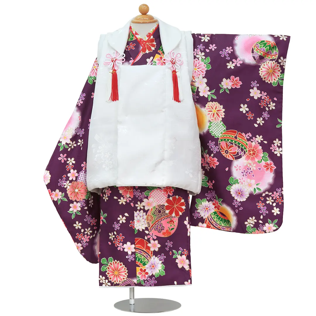 濃い紫に鞠と桜の着物、白無地の被布コートセット／七五三・三歳女の子