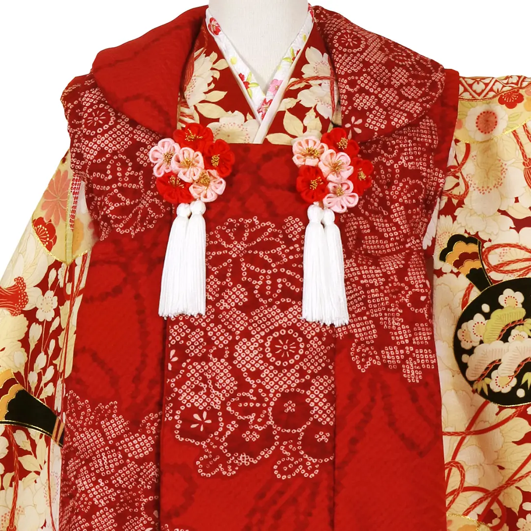 《華徒然》桜と薬玉・鞠・貝合（赤色）、赤の被布コートセット／七五三・三歳女の子・被布コートセット 被布
