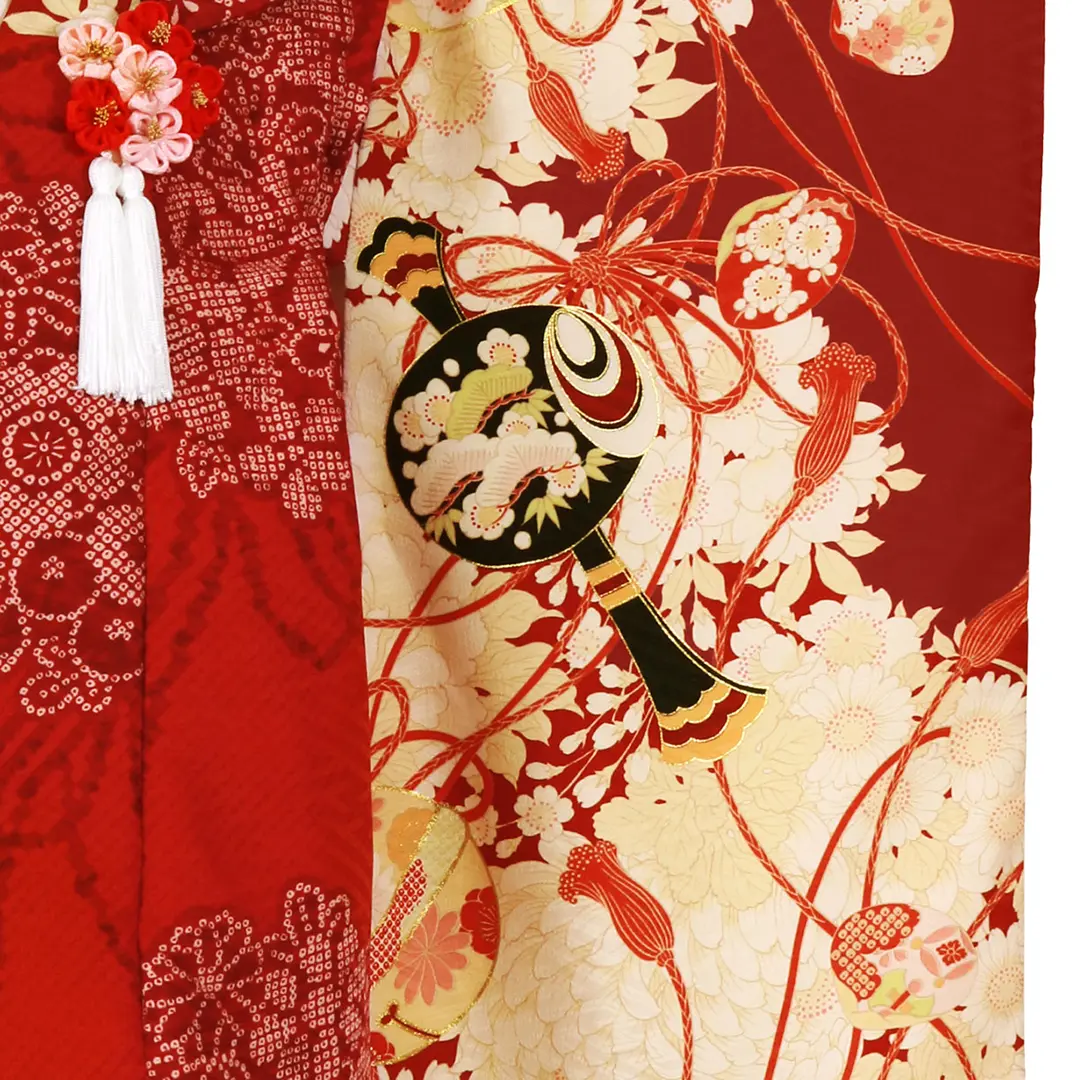 《華徒然》桜と薬玉・鞠・貝合（赤色）、赤の被布コートセット／七五三・三歳女の子・被布コートセット 袖