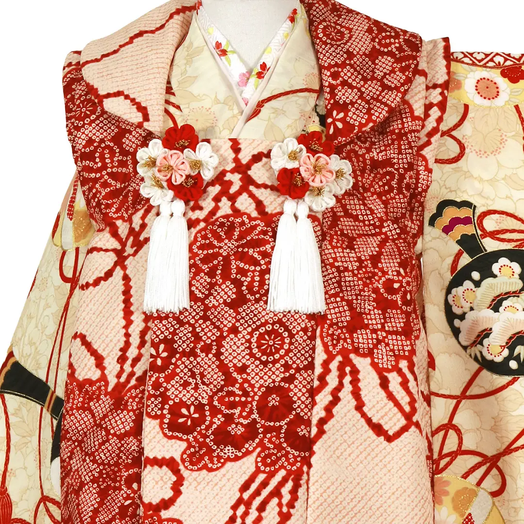 七五三に★正絹　アンティークエ霞に鞠と貝合わせ文様着物と袋帯のセット 七五三に☆正絹 アンティークエ霞に鞠と貝合わせ文様着物と袋帯の