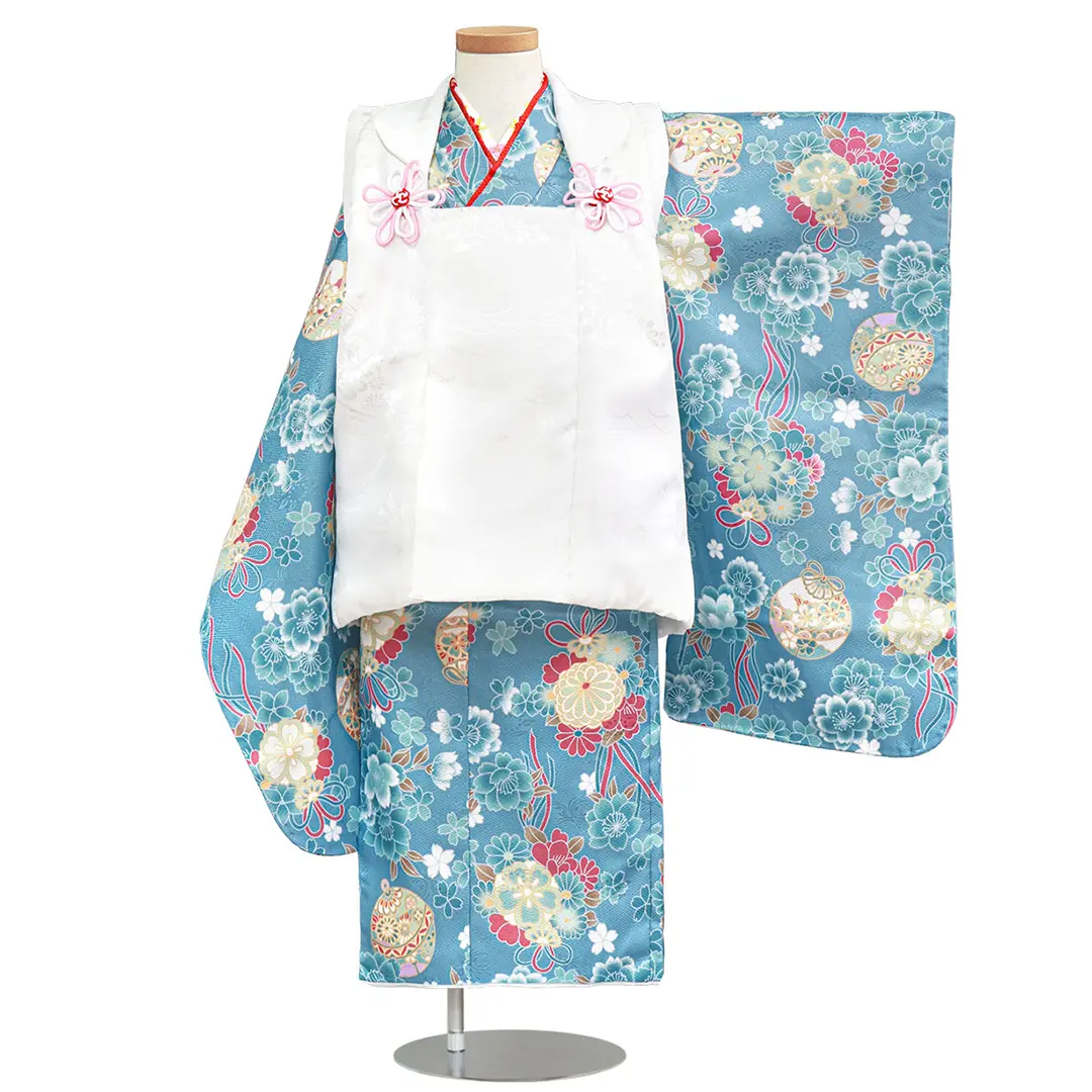 被布コート 3歳用 白 鈴 青地に薬玉と鈴、白の被布コートセット／七五三・三歳女の子**