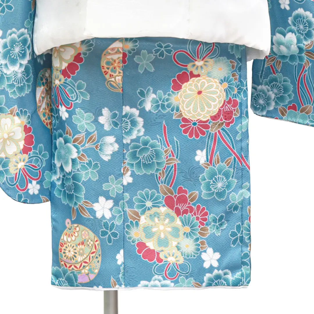 青地に薬玉と鈴、白の被布コートセット／七五三・三歳女の子** | 宅配