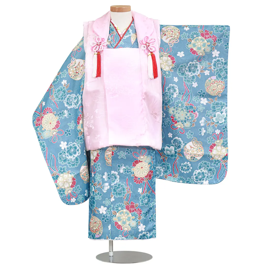 青地に薬玉と鈴、ピンクの被布コートセット／七五三・三歳女の子