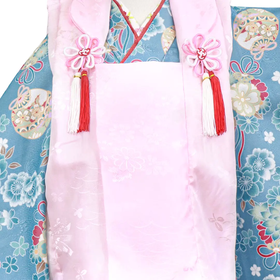 青地に薬玉と鈴、ピンクの被布コートセット／七五三・三歳女の子