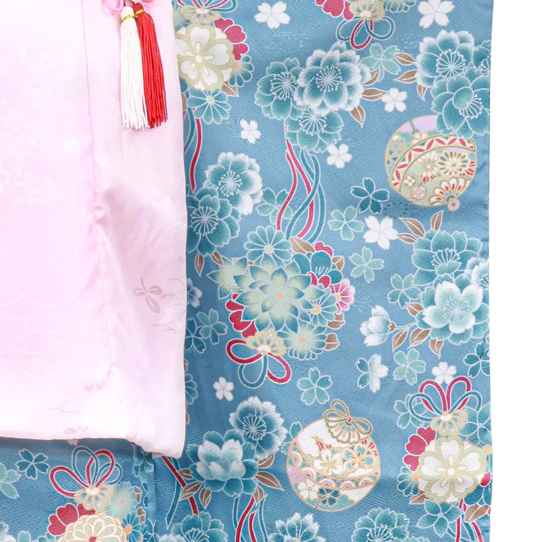 青地に薬玉と鈴、ピンクの被布コートセット／七五三・三歳女の子