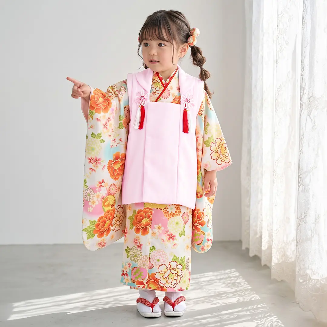 白地に花尽くしと貝合わせ、ピンク無地の被布コートセット／七五三・三歳女の子／着用イメージ