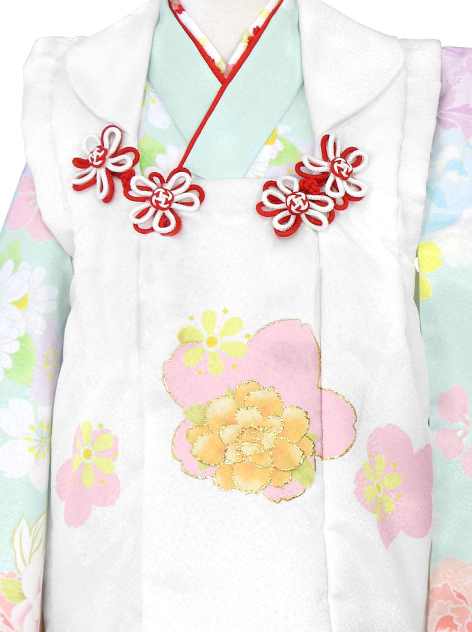 七五三 女の子 着物・被布セット 白地に桜 パステル 鹿子 うさぎ飾り