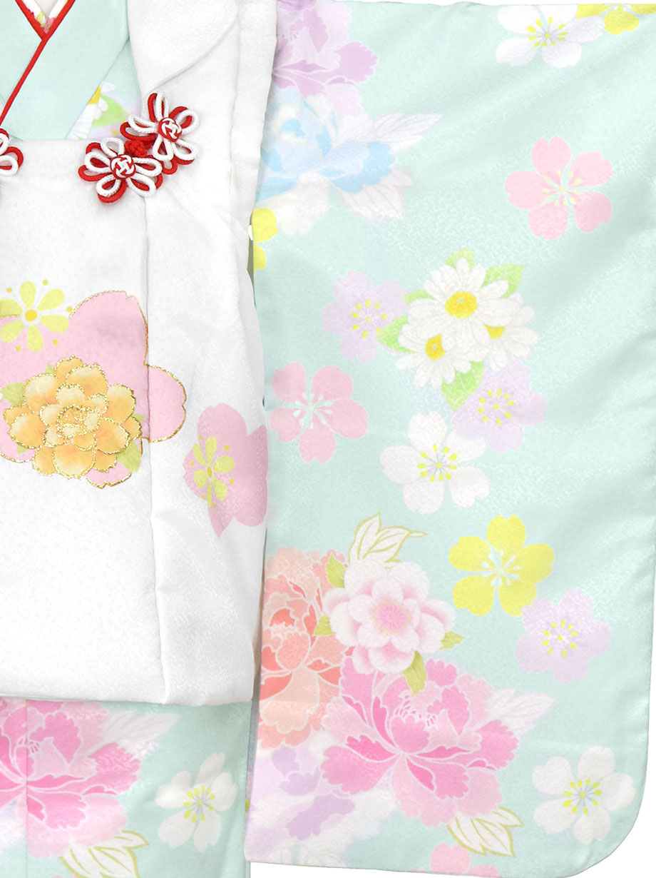 パステルブルーに花模様、白の被布コートセット／七五三・三歳女の子