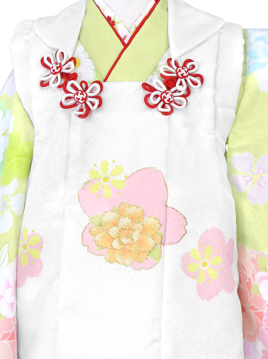パステルグリーンに花模様、白の被布コートセット／七五三・三歳女の子／被布詳細