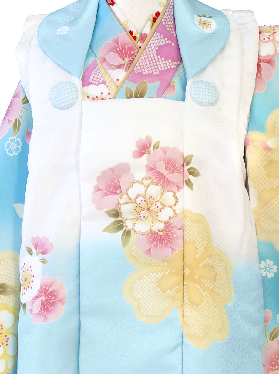 七五三　3歳女の子　はなひめ　人気の水色着物　カラフル　桜　熨斗目　狛犬　新品 七五三 3歳女の子 はなひめ 水色着物 カラフル 桜 熨斗目 狛犬 七五三