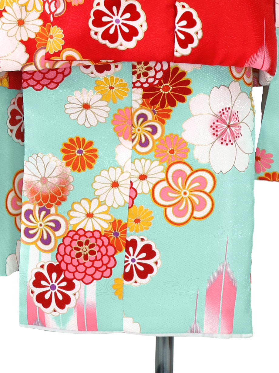 水色地に桜や菊梅と矢絣、赤の被布コートセット ／七五三・三歳