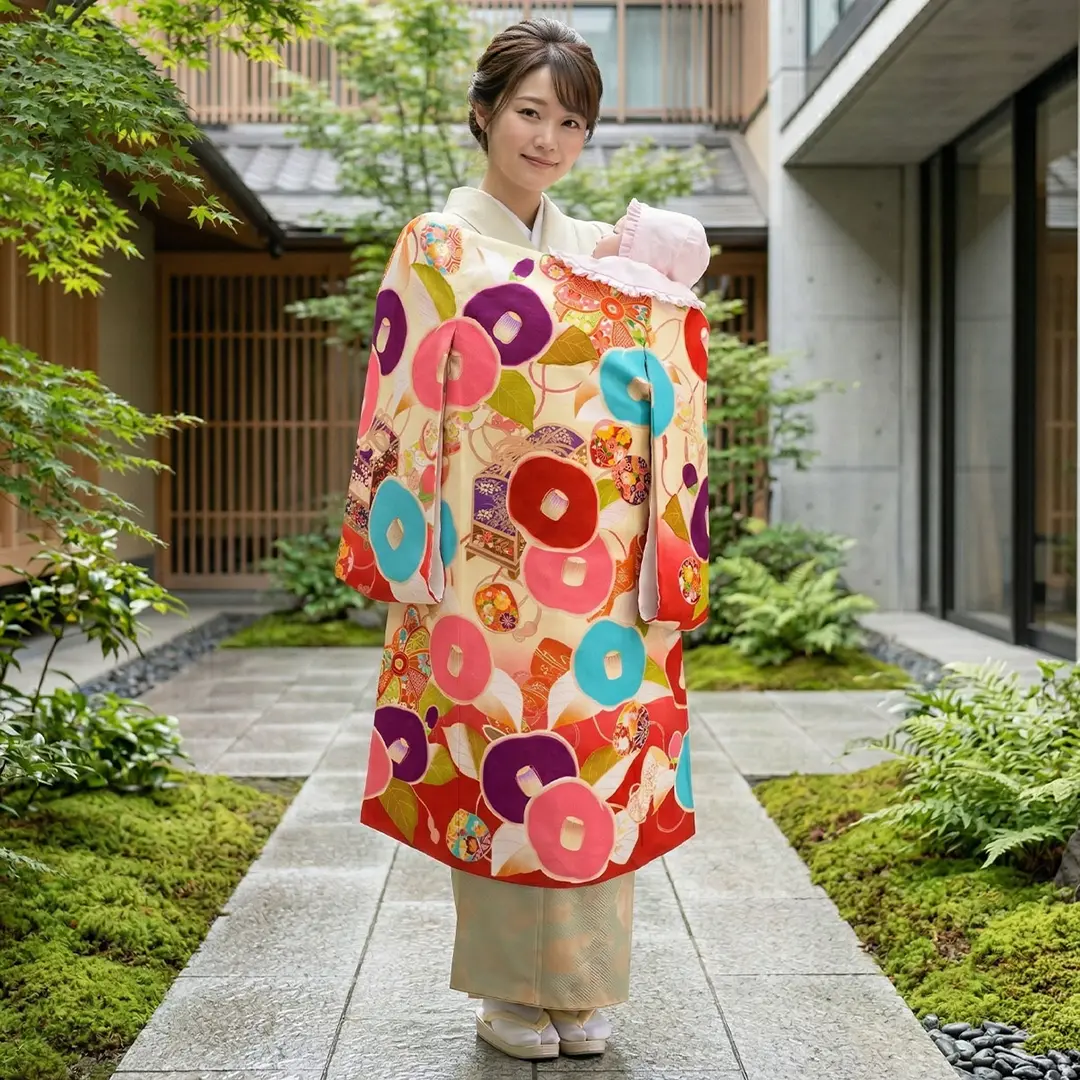 お宮参り産着／《芸艸堂》クリーム地に丸椿と文箱の祝い着／女児（ポリエステル）／着用イメージ