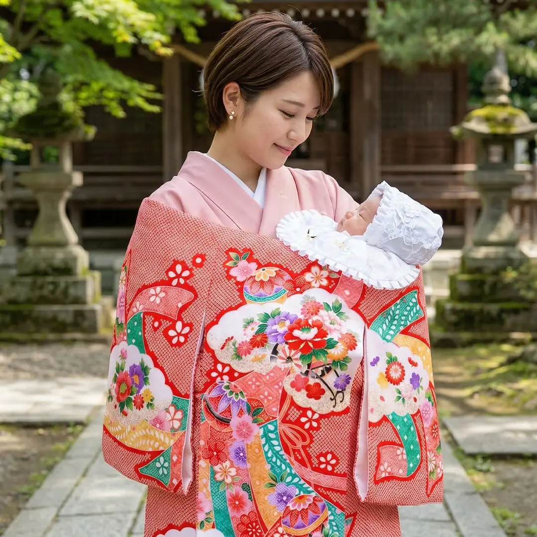 お宮参り産着レンタル／赤地の疋田（ひった）に花車と熨斗の祝い着