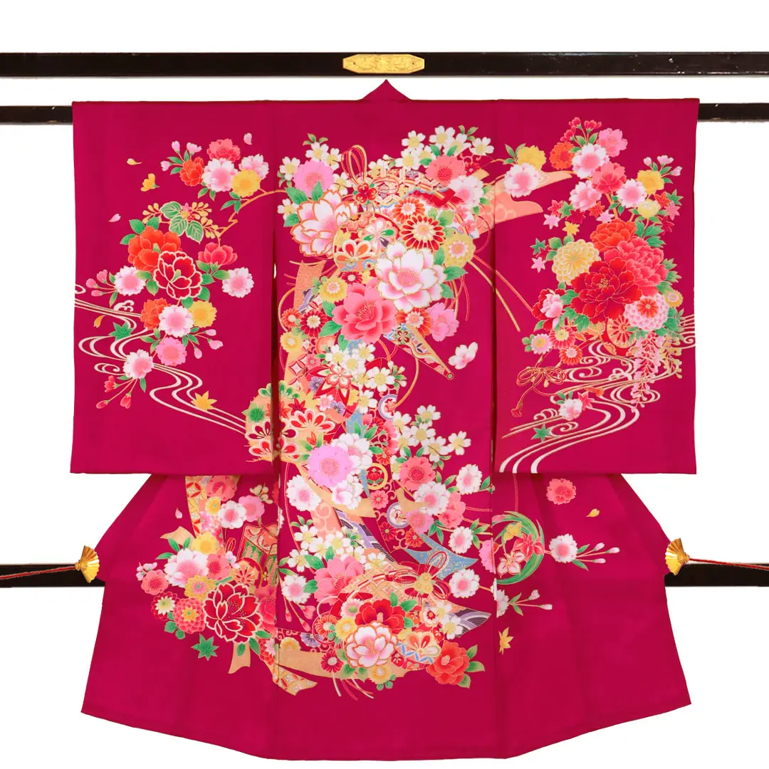 お宮参り産着／ルビー色に熨斗と鈴の祝い着／女児／正面