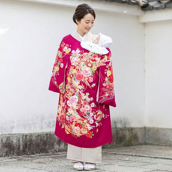 お宮参り産着／ルビー色に熨斗と鈴の祝い着／女児 | お宮参りの産着