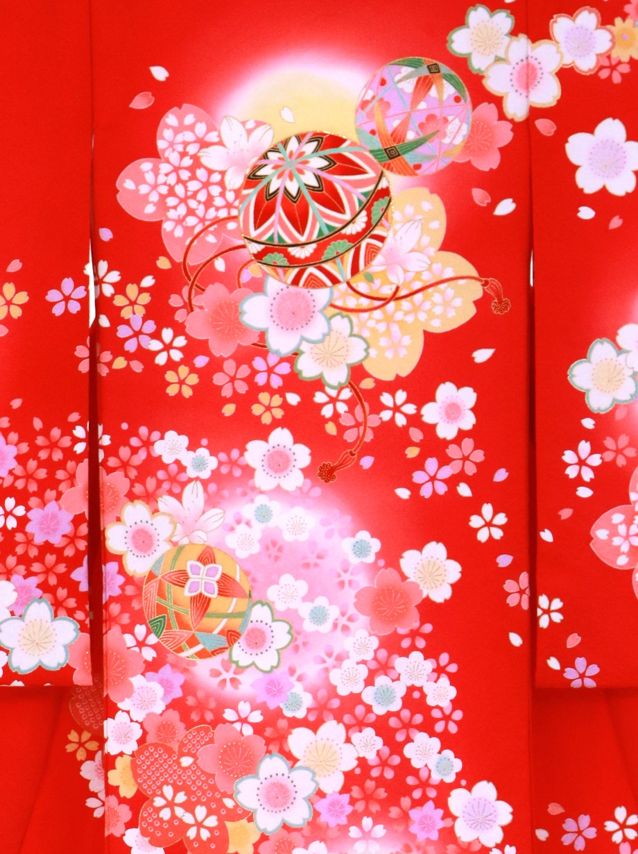 赤地に桜と鞠の祝い着（産着）／背中