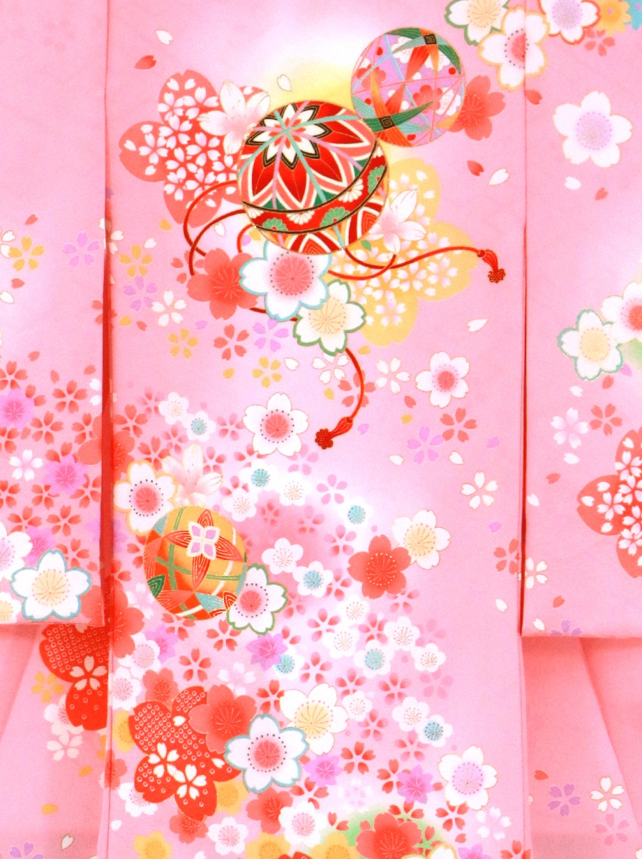 桃色地に桜と鞠の祝い着（産着）／女児