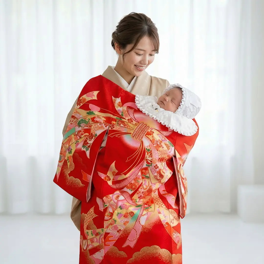 お宮参り産着／赤地に束ね熨斗と雲取りの祝い着／女児