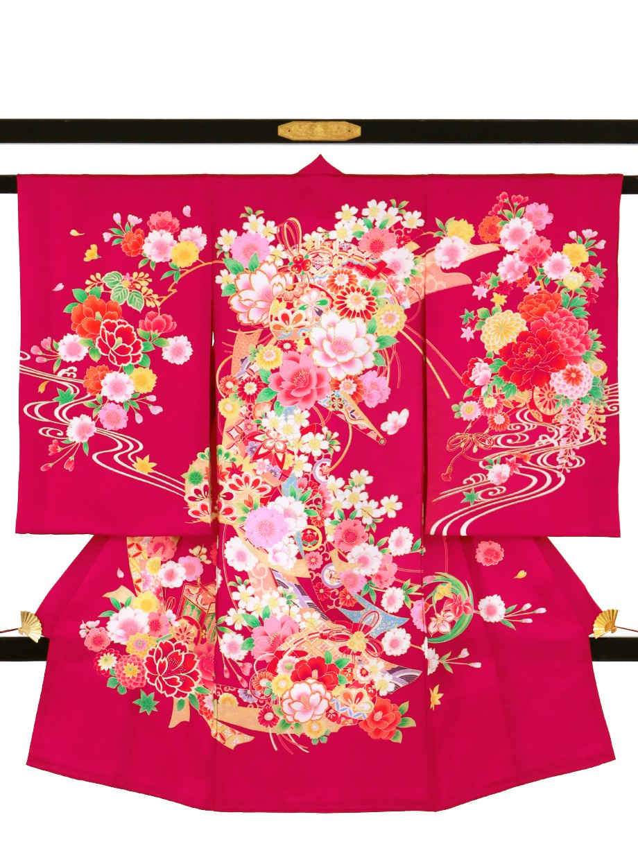 ルビー色に熨斗と鈴の祝い着（産着）／女児*