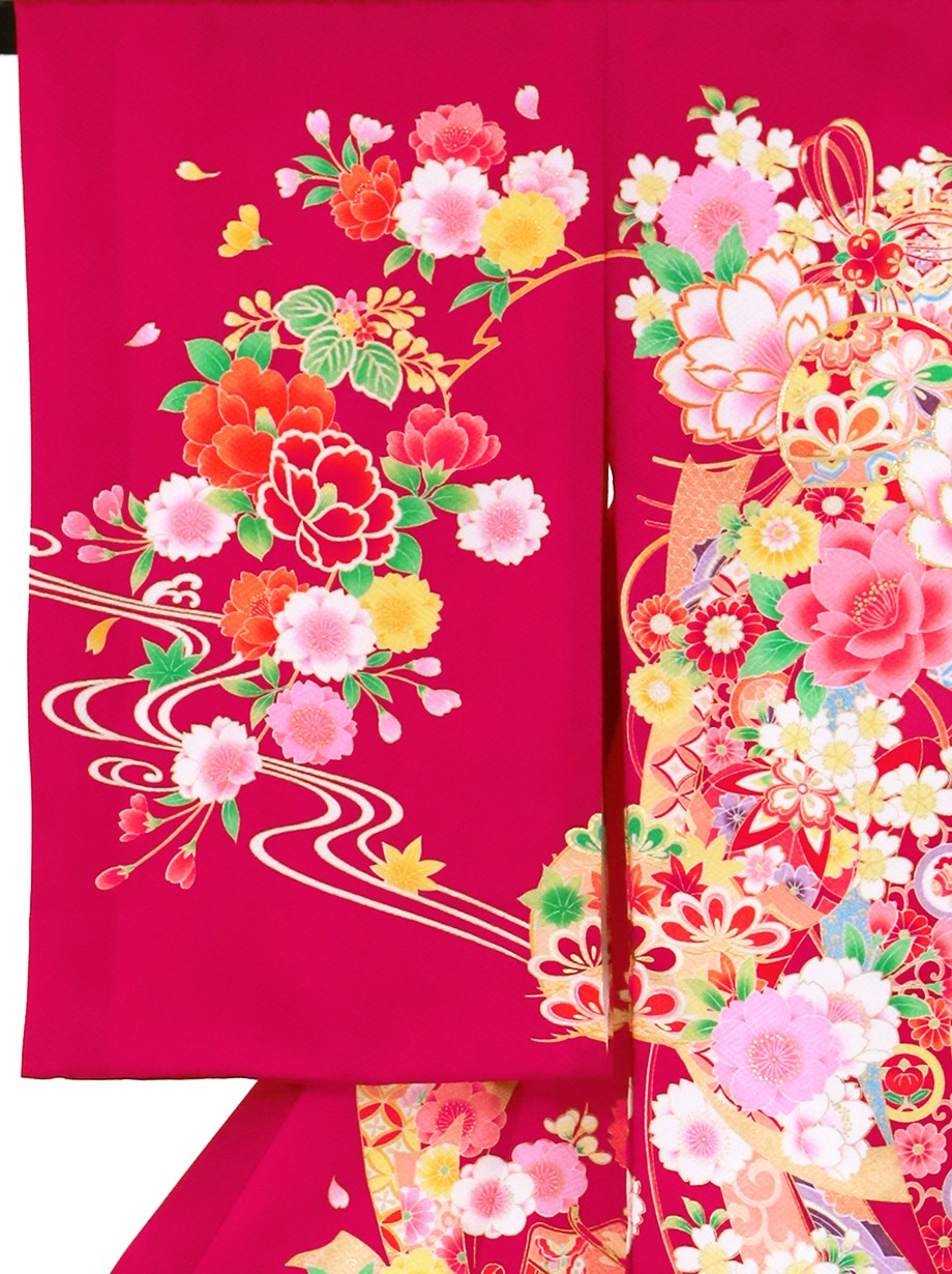 ルビー色に熨斗と鈴の祝い着（産着）／女児*