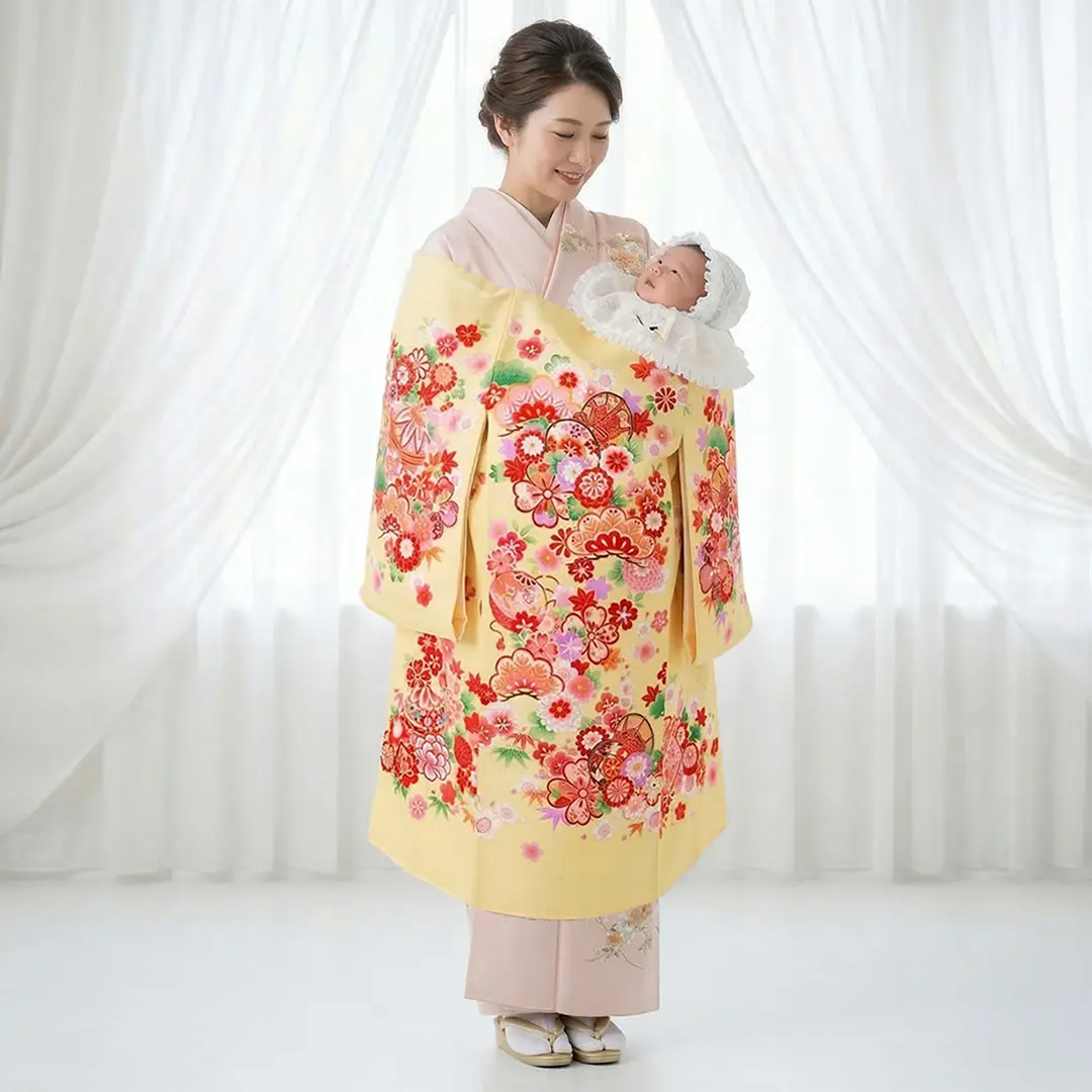 お宮参り産着レンタル／クリーム地に鼓と花尽くしの祝い着／女児 | お