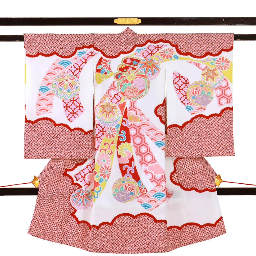 お宮参り産着／赤の染め疋田に束ね熨斗の祝い着／女児／正面